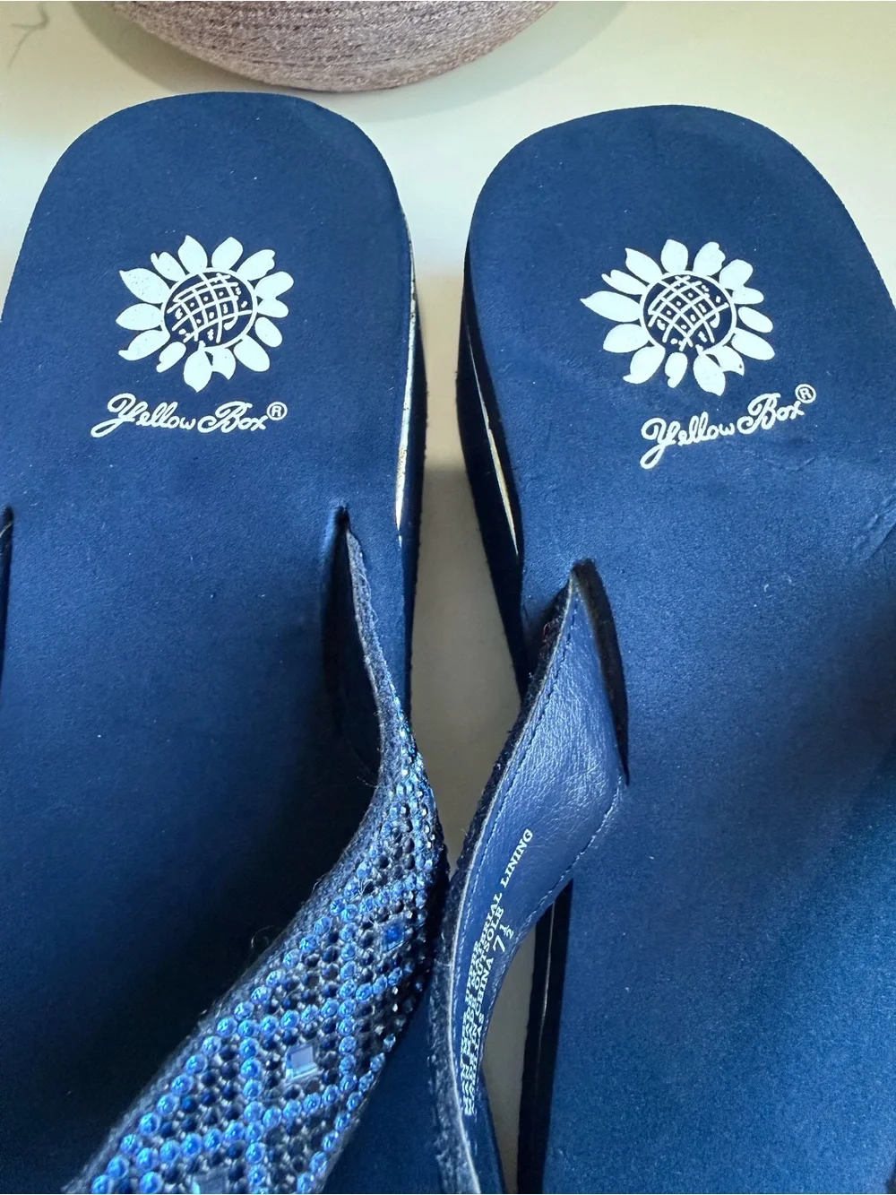Yellow Box Achillas Navy Blue Rhinestone Wedge Platform Sandals Sz 7.5 - Picture 5 of 14